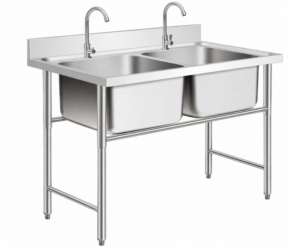 Stainless steel double bowl sink table with round tube legs and rear backsplash