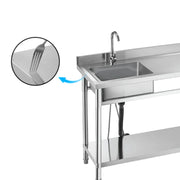 Stainless steel commercial sink with faucet and lower shelf, ideal for industrial kitchens