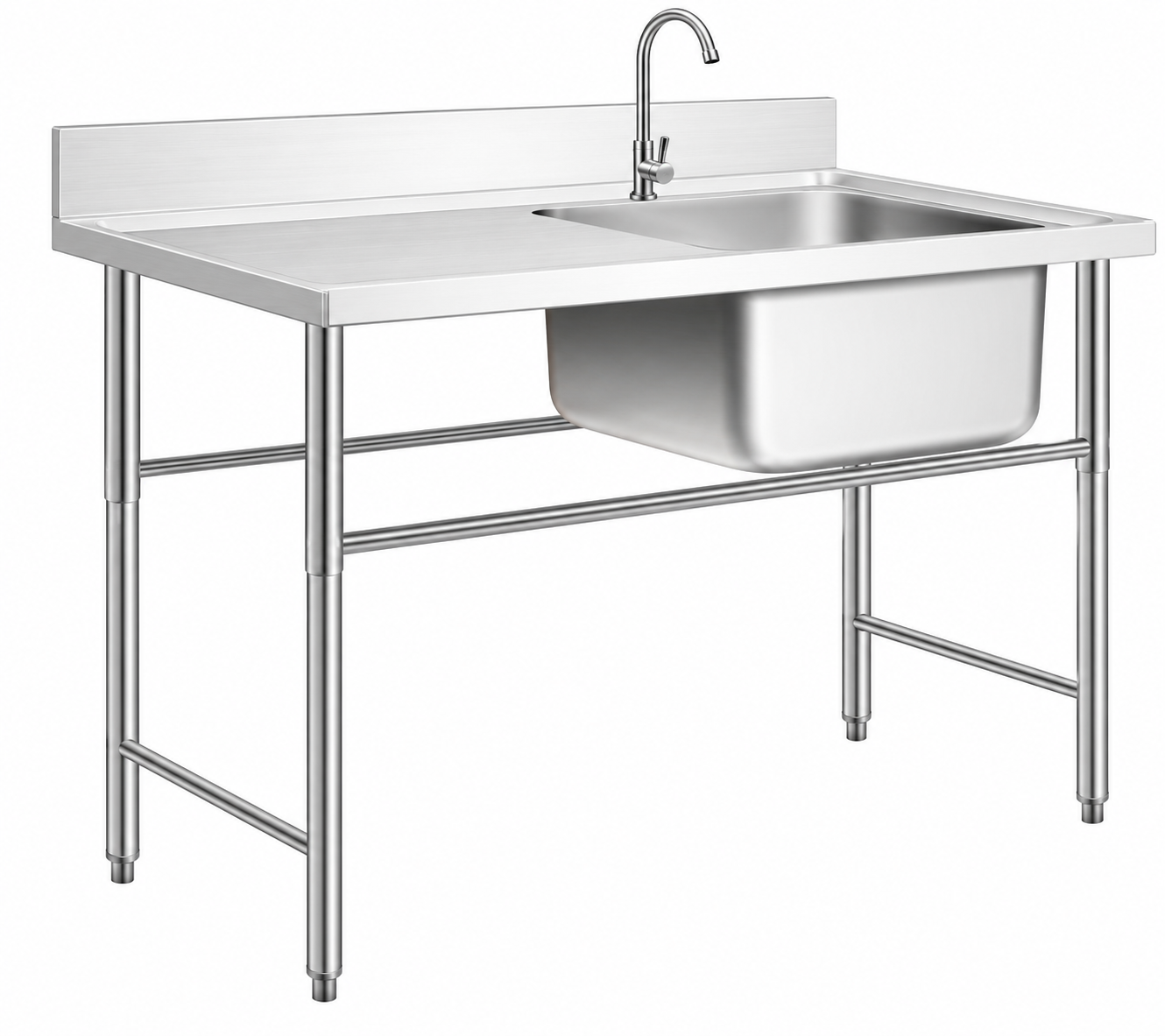Custom stainless steel sink table with drainboard and round tube leg structure