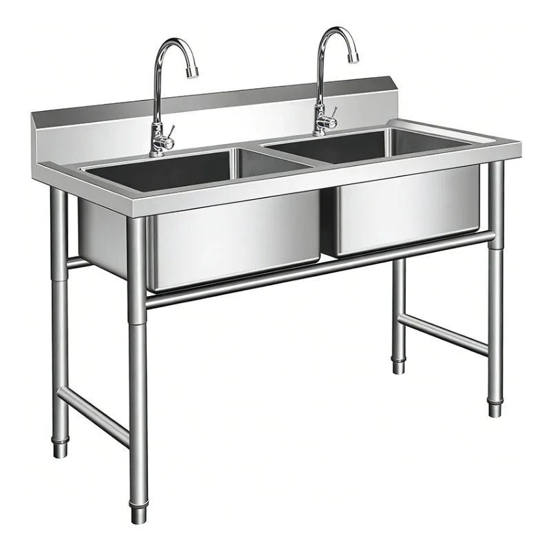 Stainless steel commercial sink with dual basins and faucets for industrial kitchens