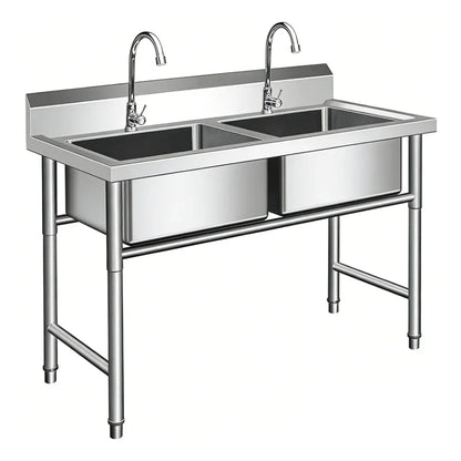 Stainless steel commercial sink with dual basins and faucets for industrial kitchens