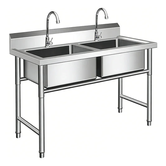Stainless steel commercial sink with dual basins and faucets for industrial kitchens