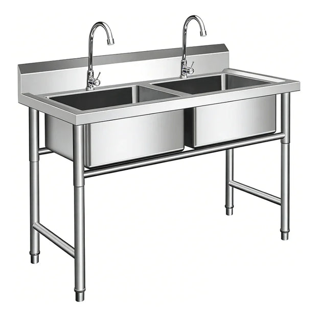 Stainless steel commercial sink with dual basins and faucets for industrial kitchens