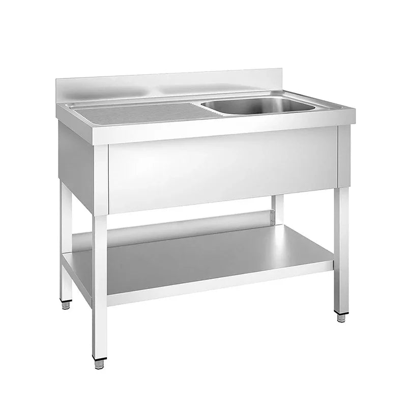 Stainless steel commercial sink with drainboard and shelf for industrial kitchens