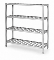 Four-tier stainless steel tube shelf with slatted bars for commercial kitchen storage