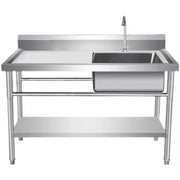 Stainless steel commercial sink with prep table and lower shelf for industrial kitchen use
