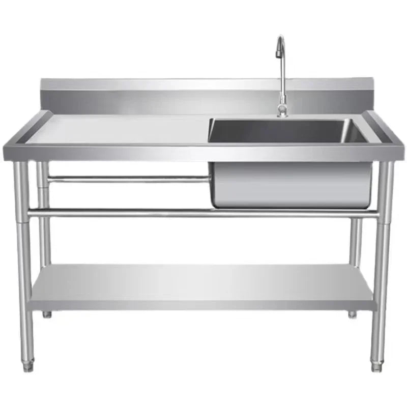 Stainless steel commercial sink with prep table and lower shelf for industrial kitchen use