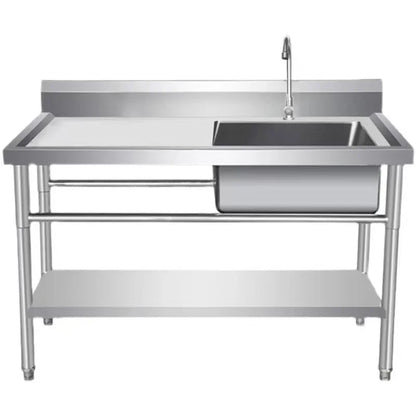 Stainless steel commercial sink with prep table and lower shelf for industrial kitchen use