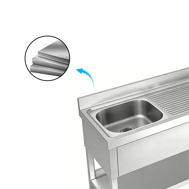 Stainless steel commercial sink with drainboard, showcasing durable layered construction for industrial kitchens