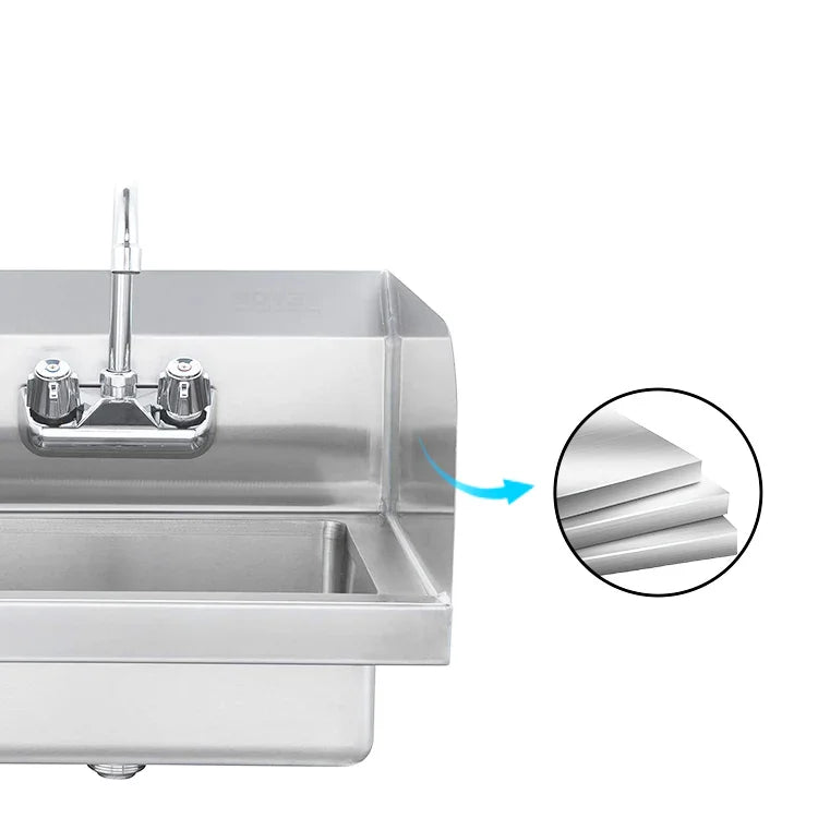 Stainless steel commercial sink with faucet and layered metal detail