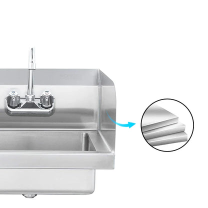 Stainless steel commercial sink with faucet and layered metal detail