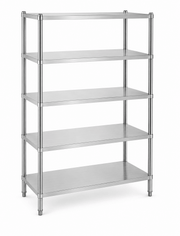 Custom stainless steel multi-tier shelving unit with flat shelves and adjustable bullet feet