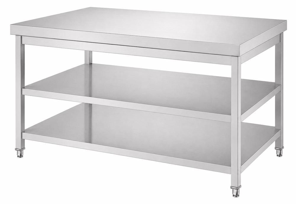 SENFON commercial stainless steel 3-tier worktable with square legs and two undershelves
