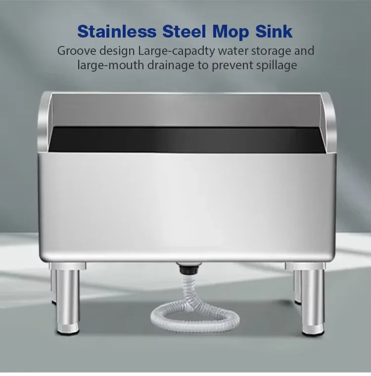 Stainless steel mop sink with groove design, large capacity, and spillage-preventing drainage