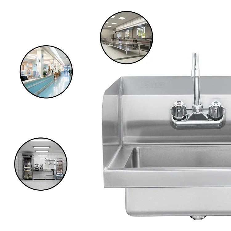 Stainless steel commercial sink with dual faucets for industrial kitchens