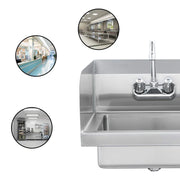 Stainless steel commercial sink with dual faucets for industrial kitchens
