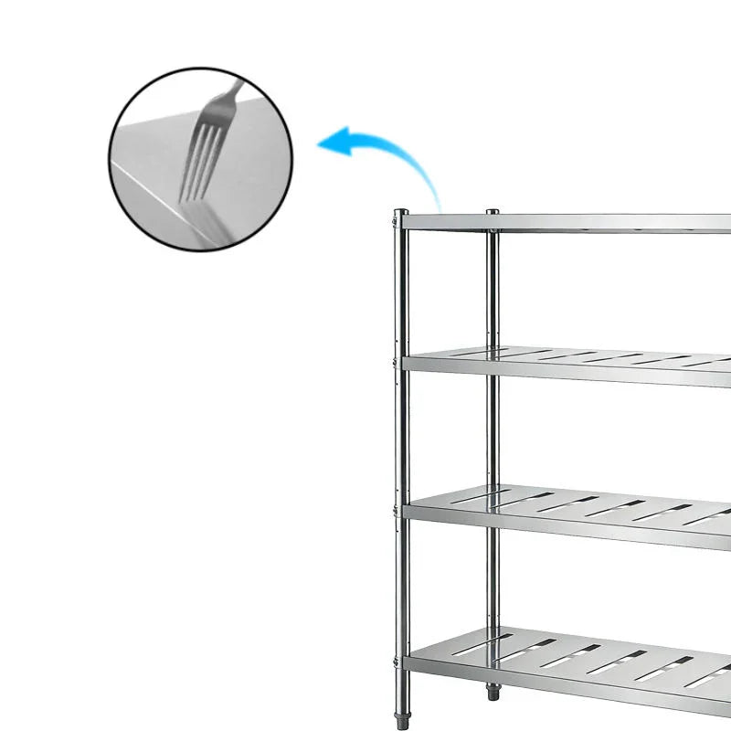 Stainless steel commercial shelving unit with slotted shelves for kitchen storage