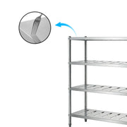 Stainless steel commercial shelving unit with slotted shelves for kitchen storage