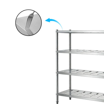 Stainless steel commercial shelving unit with slotted shelves for kitchen storage