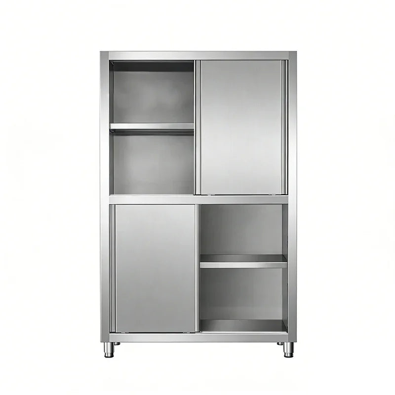 Stainless steel commercial kitchen storage cabinet with sliding doors and shelves