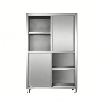 Stainless steel commercial kitchen storage cabinet with sliding doors and shelves