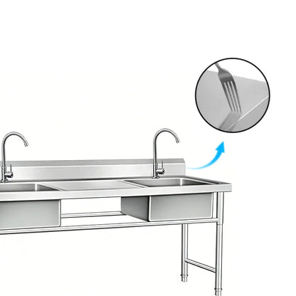 Stainless steel commercial kitchen sink with dual faucets and durable surface detail