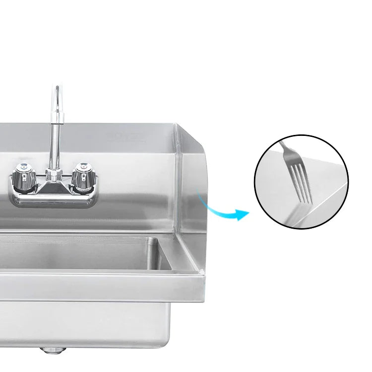 Stainless steel commercial sink with faucet and drainboard, ideal for industrial kitchens