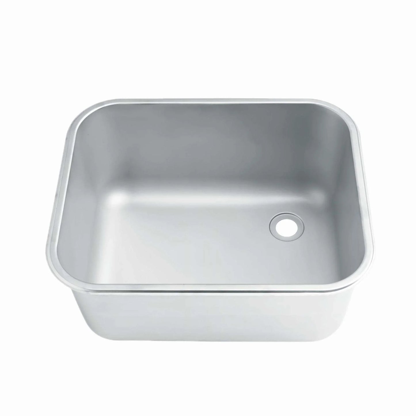 Stainless steel commercial sink with rounded corners and drain hole, ideal for industrial kitchens