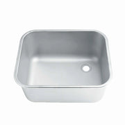 Stainless steel commercial sink with rounded corners and drain hole, ideal for industrial kitchens