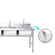 Stainless steel commercial kitchen sink with dual basins and faucet, highlighting smooth surface detail
