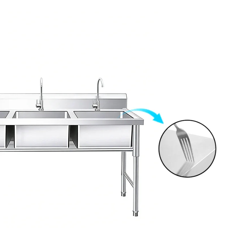 Stainless steel commercial kitchen sink with dual basins and faucet, highlighting smooth surface detail