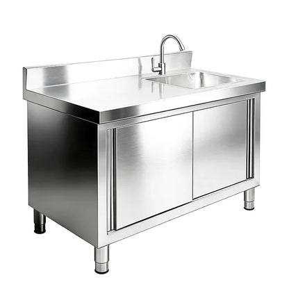 Stainless steel commercial sink with worktable and storage cabinets for professional kitchens