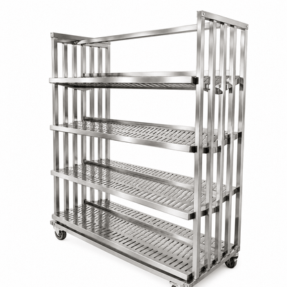 Multi-tier stainless steel dish sterilizing trolley with inclined perforated shelves and high-temperature castors for commercial dishrooms