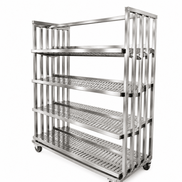 Multi-tier stainless steel dish sterilizing trolley with inclined perforated shelves and high-temperature castors for commercial dishrooms