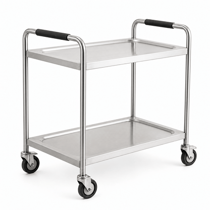 2-tier stainless steel utility cart on wheels with round tube frame for commercial kitchen transport