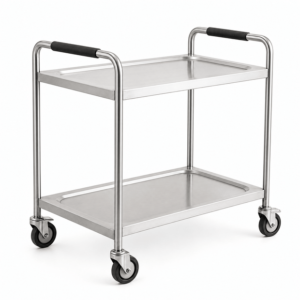 2-tier stainless steel utility cart on wheels with round tube frame for commercial kitchen transport