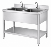 SENFON commercial stainless steel double bowl sink table with recessed top and undershelf
