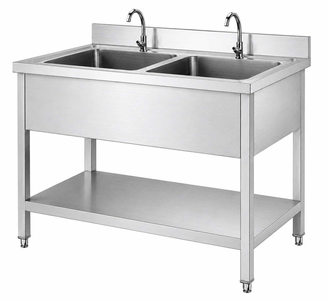 SENFON commercial stainless steel double bowl sink table with recessed top and undershelf