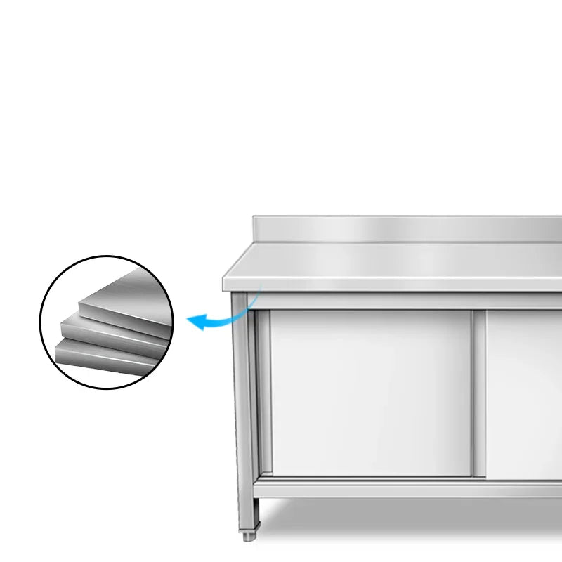 Stainless steel commercial kitchen worktable with layered metal construction detail