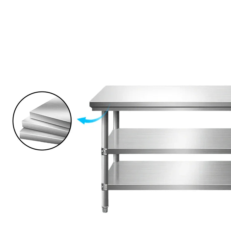Stainless steel commercial kitchen worktable with multi-tier shelves and durable layered construction