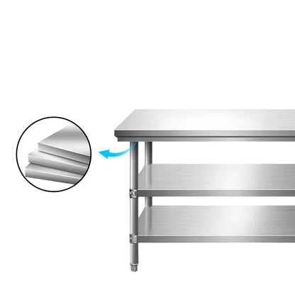 Stainless steel commercial kitchen worktable with multi-tier shelves and durable layered construction