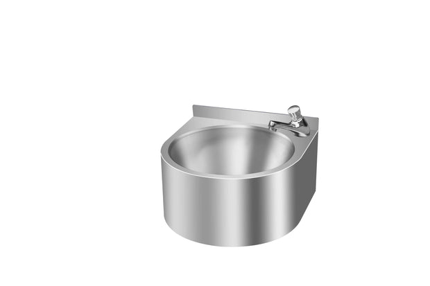Commercial round-front wall-mounted stainless steel hand wash sink with deep-drawn bowl and 40mm backsplash