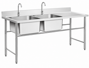 Commercial stainless steel triple bowl sink table with round legs and faucets