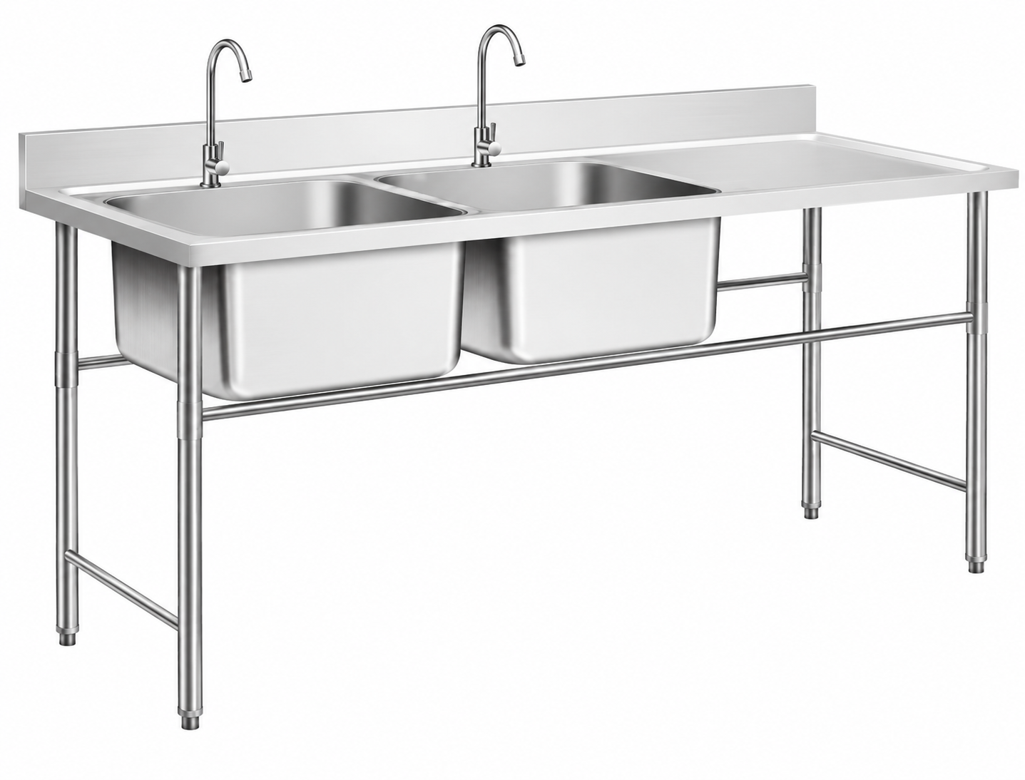 Commercial stainless steel triple bowl sink table with round legs and faucets