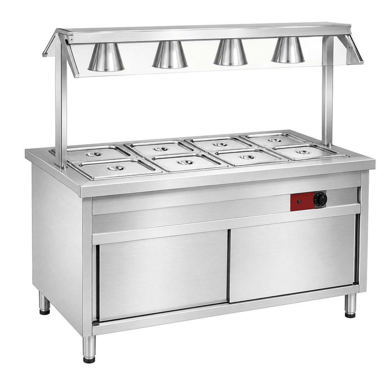 Commercial stainless steel bain-marie cabinet with heat lamps and raised tempered glass sneeze guard