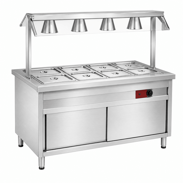 Commercial stainless steel bain-marie cabinet with heat lamps and raised tempered glass sneeze guard
