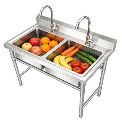 Stainless steel commercial sink with fruits and veggies, ideal for industrial kitchens