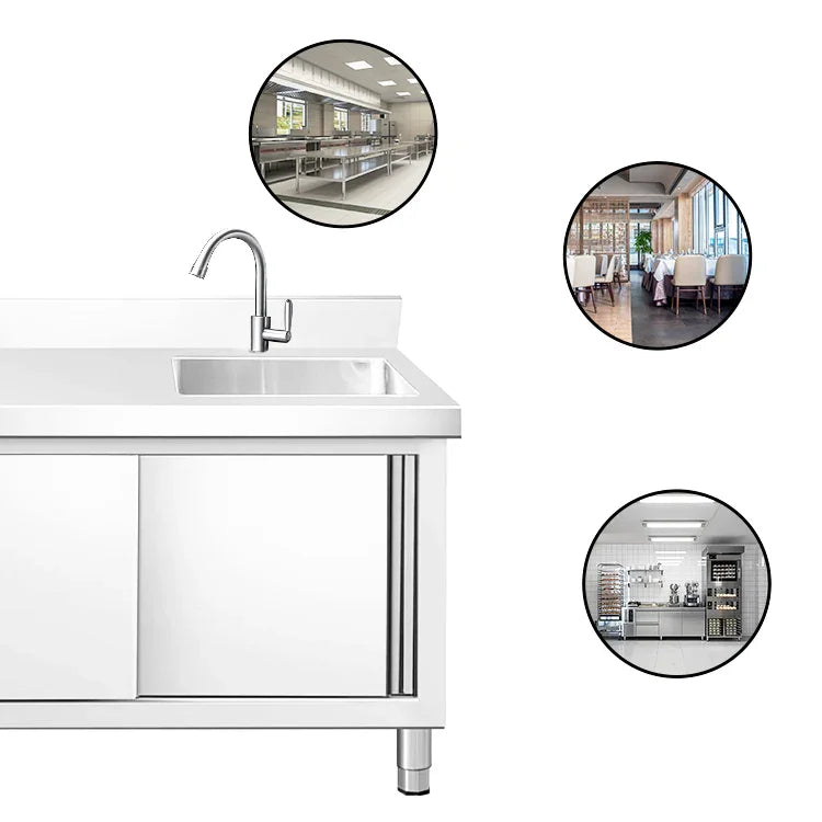 Stainless steel commercial kitchen sink with faucet, ideal for restaurants and industrial kitchens